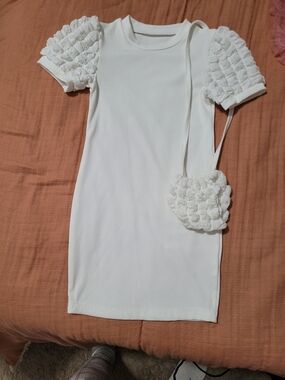 White Puff-Sleeve Knit Dress with Matching Crossbody Bag